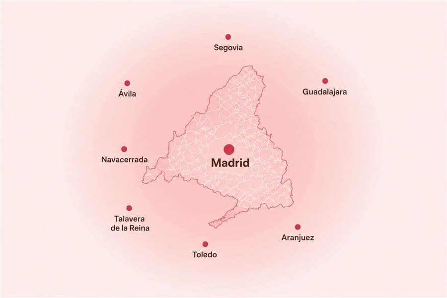 Mapa de la Comunidad de Madrid con Madrid en el centro y las localidades de alrededor: Segovia, Ávila, Guadalajara, Navacerrada, Talavera de la Reina, Toledo y Aranjuez